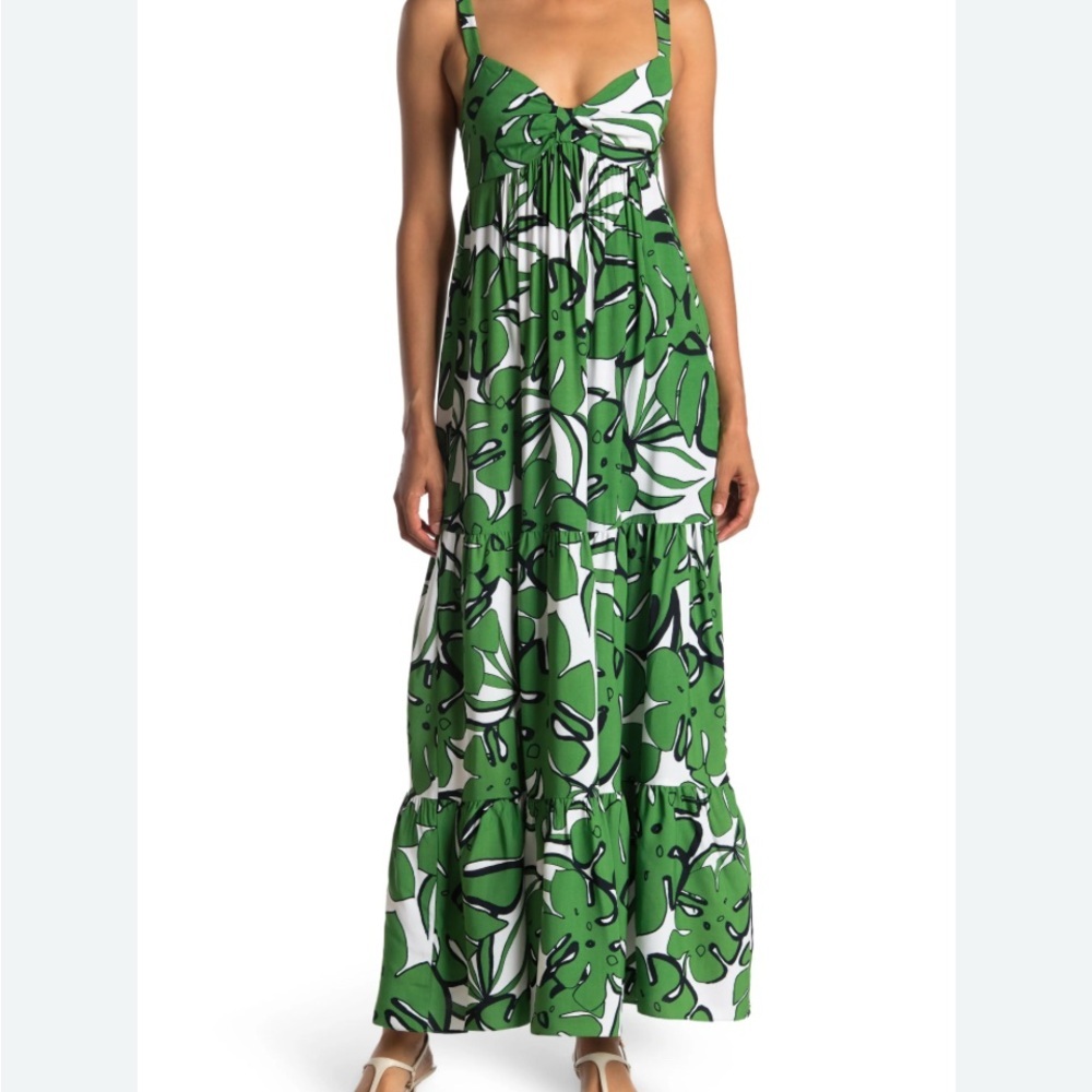 Trina Turk Green and White Tropical Leaf Maxi Dress